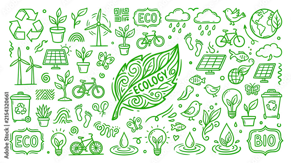 Fototapeta premium Green Ecology Symbols Doodle Collection