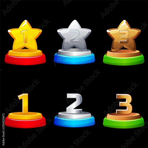 Game ranking podiums with stars and numbers 1st 2nd 3rd place