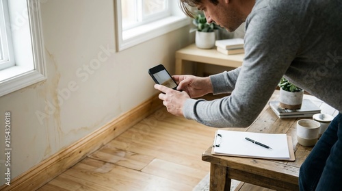 Homeowner documenting water damage on a living room wall using a smartphone for insurance inspection and property assessment