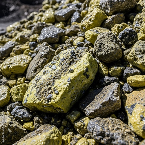 Pile of Raw Sulfur Rocks with Metallic Inclusions.