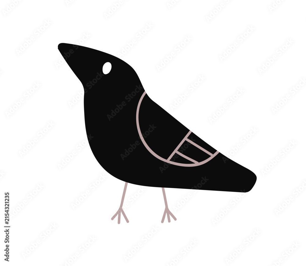 Obraz premium Cute black raven bird standing in profile, side view. Spooky creepy Halloween crow animal. Funny blackbird, scavenger in doodle style. Kids flat vector illustration isolated on white background.