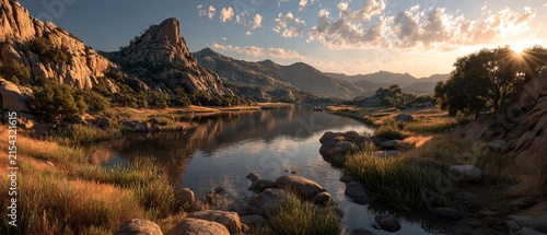Scenic Mountain Lake Landscape at Sunset with Reflections.