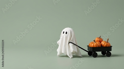 Charming ghost pulling a wagon filled with pumpkins on a light gray background