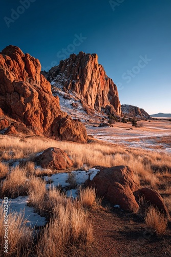 Striking Rock Formation in a Winter Landscape at Sunrise.