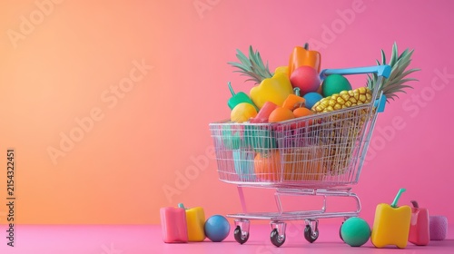Shopping cart filled with colorful 3D fruits and vegetables stands on a bright pink surface.