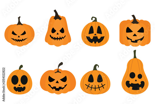 Halloween icon set. Halloween orange Jack o lantern with funny faces. Flat vector illustration isolated on white background.