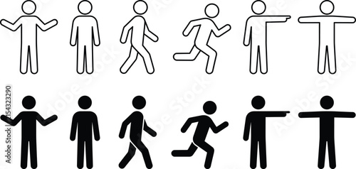 Stick figure icon set showing various human poses and actions in both outline and solid styles