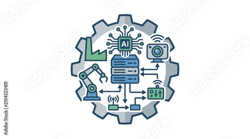 Digital technology icons inside a large gear mechanism
