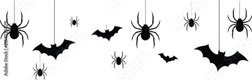 Spooky halloween decorative set featuring silhouettes of hanging spiders and flying bats for seasonal party