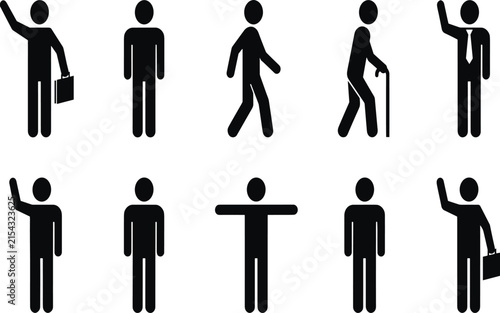Various poses of professional businessmen stick figures including walking and holding a leather office briefcase