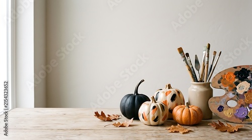 Decorative miniature pumpkins and paintbrushes in a ceramic jar on a wooden table with autumn leaves background