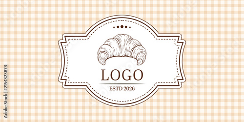 Hand drawn bakery label with croissant on gingham background for packaging