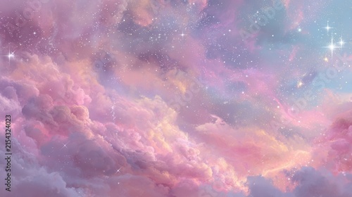 Dreamy Pastel Pink and Blue Sky With Ethereal Glowing Stars and Soft Fluffy Clouds for Atmospheric Backgrounds