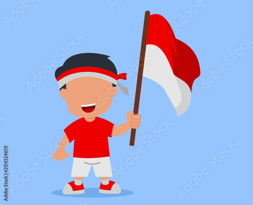 Cute cartoon of an Indonesian child wearing a headband and holding the red and white flag