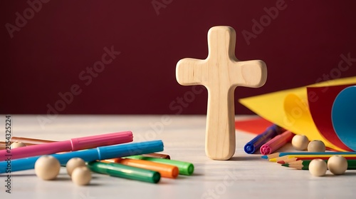 Wooden cross with colorful art supplies and craft paper ideal for children's religious education or church crafts on white table with maroon background.