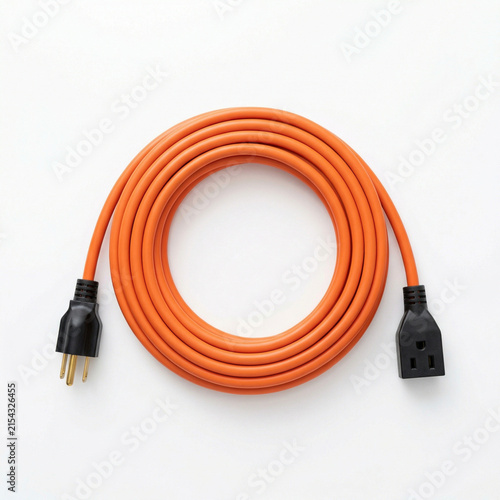 Orange extension cord with plugs coiled on a white background  