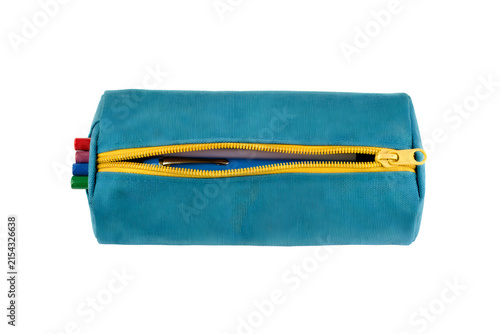 Blue corduroy pencil case with a bright yellow zipper against a stark black background for school supplies