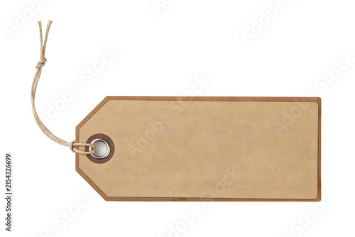 Blank kraft paper tag with twine string on a black background for price labels and product branding