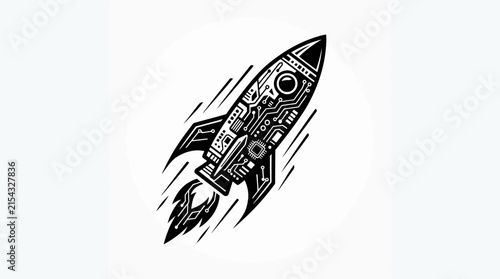 Futuristic Rocket Ship with Circuit Board Design, Launching into Space, Technology Concept