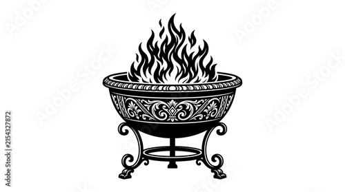 Ornate Fire Pit with Flames - Black and White Vector Illustration