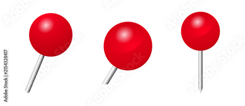 Red round push pin set. Glossy 3D red thumbtacks at different angles, office map pin graphic element collection. Vector illustration