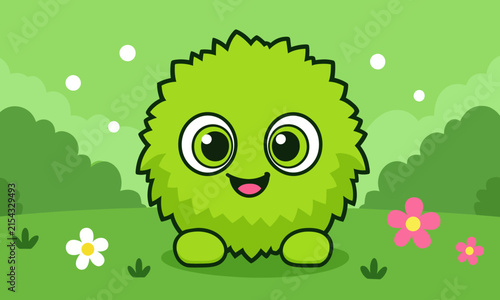 Cute green fluffy alien character in a garden, vector illustration for kids.