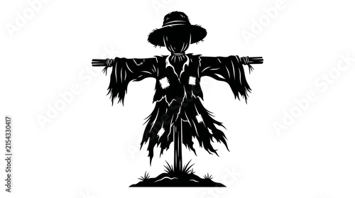 Scarecrow Silhouette Halloween Autumn Farm Field Icon Black White Vector