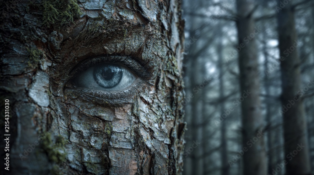 Obraz premium Mystical human eye embedded in rough tree bark in misty forest