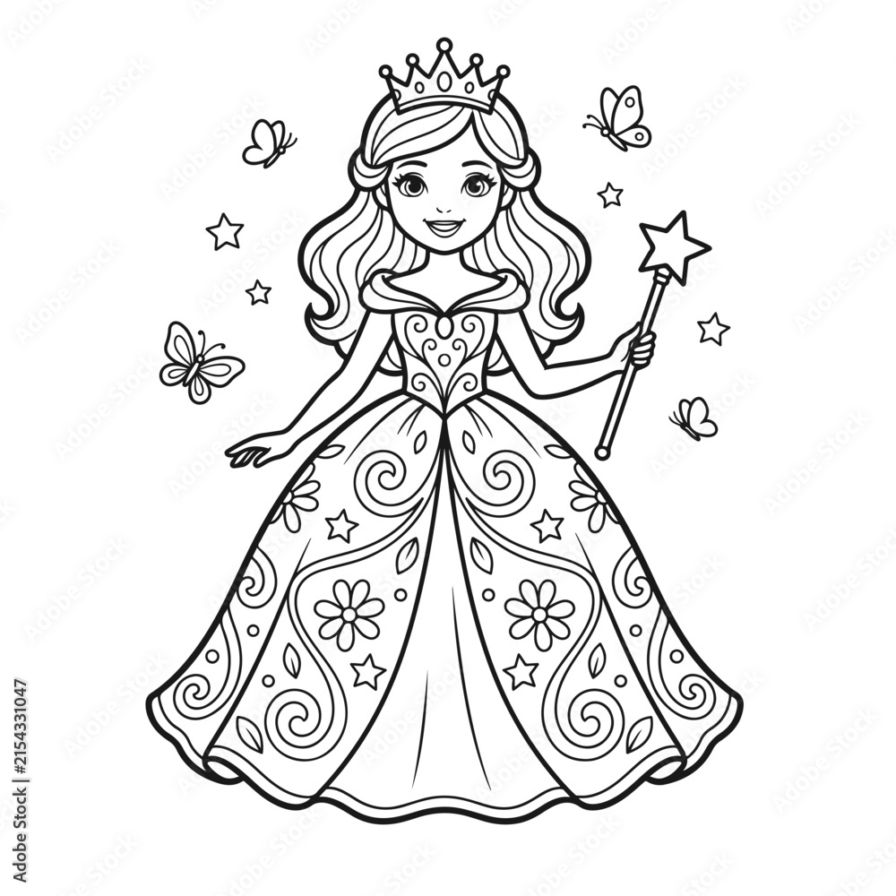 Fototapeta premium Princess Fairy Coloring Page – Elegant Magical Girl Line Art Illustration