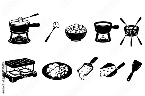Cheese Fondue Icons – Pot, Bread Cubes, Fork & Raclette Set