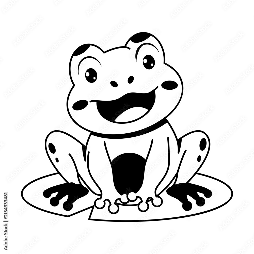 Fototapeta premium A smiling green frog sits on a lily pad with wide eyes, presenting a cheerful pond animal character with a rounded body and friendly cartoon expression.