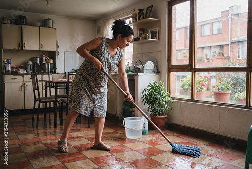 Woman Mopping Floor at Home, Everyday Task in Bogotá