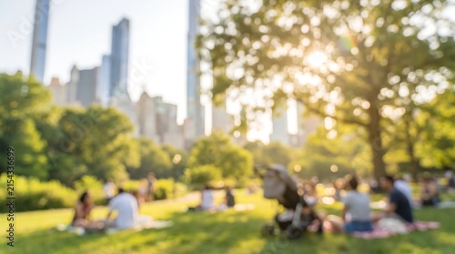 Blurred park scene in New York City with people resting on lawn under large tree during sunny day with prominent skyline and soft natural lighting for summer travel concept