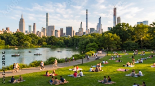 People enjoying sunny afternoon in Central Park with lake and New York City skyline in background using soft focus technique to capture relaxing urban summer atmosphere
