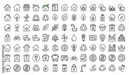 Foto Eco Lifestyle House Tree Sustainable Living Outline Vector Icon Set