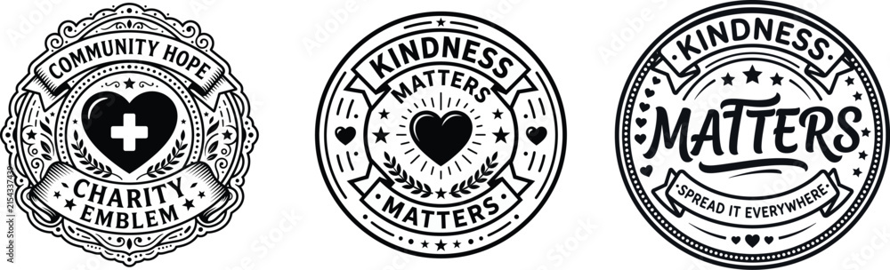 Fototapeta premium Set of three circular vintage style emblems featuring heart shapes and inspirational text about kindness and caring for others isolated on a white background