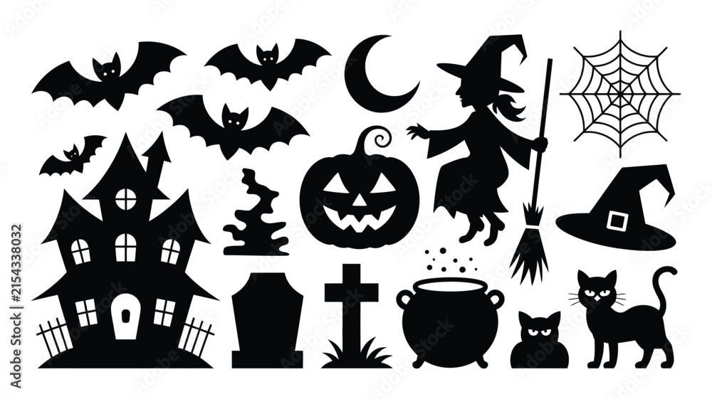 Fototapeta premium Halloween Silhouette Icon Collection Featuring Bats, Haunted House, Witch, Pumpkin, Spider Web, Graveyard, Cauldron and Black Cat for Spooky Seasonal Designs