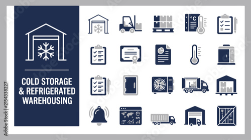 Comprehensive Set of Cold Chain Logistics and Refrigerated Warehouse Storage Operations Icons