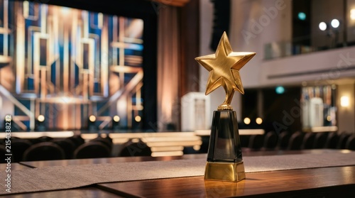 Golden Star Award on Stage: A gleaming golden star trophy stands proudly on a table, set against the backdrop of a grand, illuminated stage, symbolizing achievement and recognition.