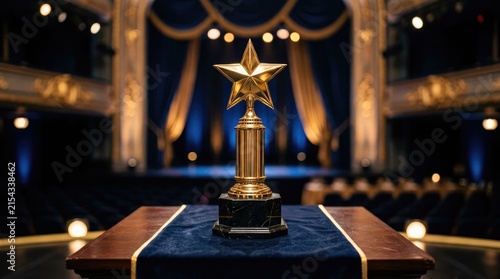 Golden Star Award on Stage: A gleaming golden star trophy stands proudly on a velvet-draped podium, set against the dramatic backdrop of an empty theater stage, illuminated by spotlights.