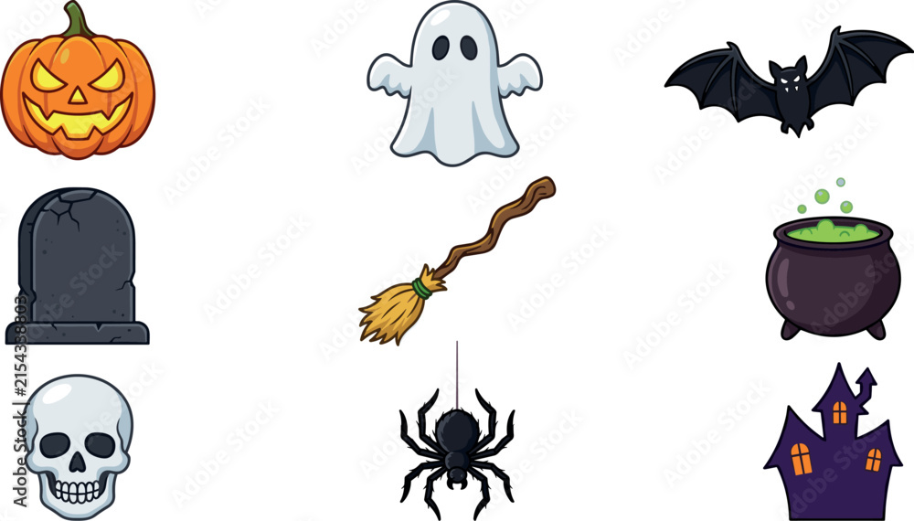 Fototapeta premium Halloween Spooky Cartoon Icon Set with Jack O Lantern Pumpkin Ghost Bat Tombstone Skull Witch Broom Cauldron Spider and Haunted House Vector Elements