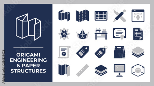 Origami engineering and paper structures icon set representing folded designs and technology