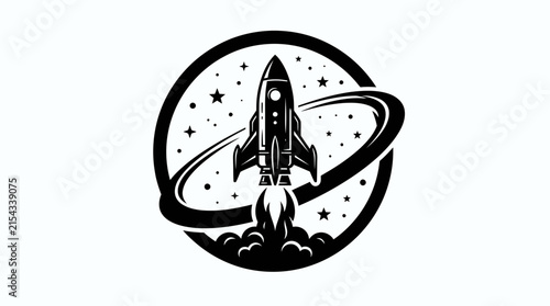 Retro Rocket Launching into Space with Stars and Ring
