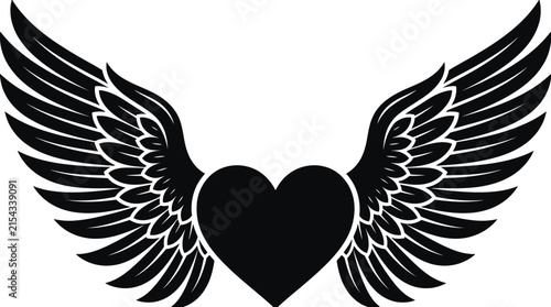 Black heart with angel wings silhouette, symbol of love, freedom, and romance