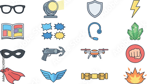 Superhero Equipment and Comic Book Icon Set Featuring Mask Cape Grappling Hook Drone Shield Searchlight Crystal Headset Fist and Explosion Vectors