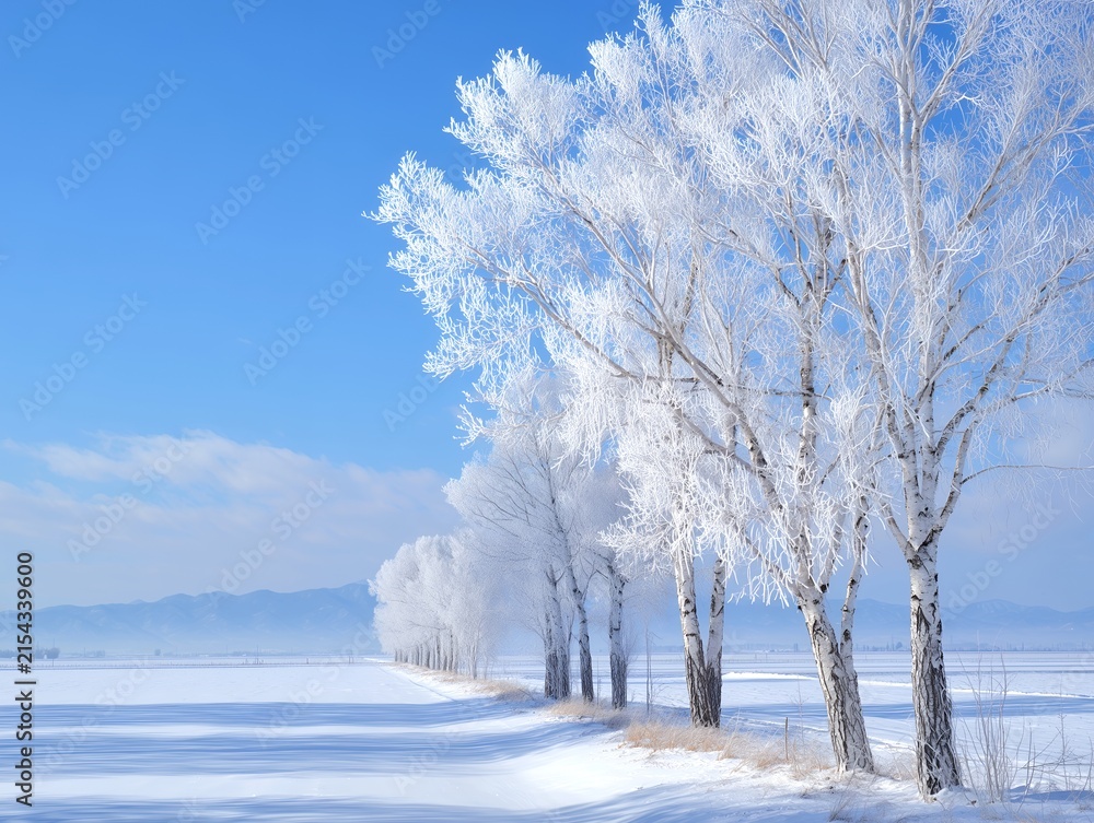 Fototapeta premium 雪原にたたずむ霧氷の並木道と澄み渡る青空の美しい冬絶景