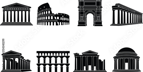 Ancient Roman and Greek classical architecture black silhouette vector icon set featuring historical temple landmarks