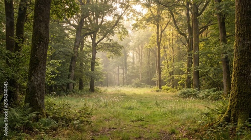 Sunlit Beech Forest With Lush Green Understory