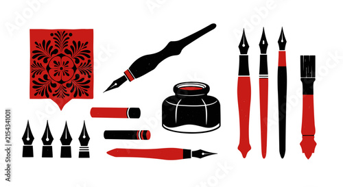 Calligraphy set with nibs, inkwell, fountain pen, and decorative element. The design is black and red, evoking classic artistic tools and patterns.