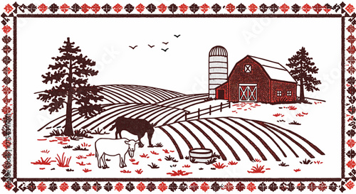 A rustic farm scene illustration with rolling fields, a barn, silo, trees, and farm animals. The image has a charming, vintage aesthetic, framed by a decorative border